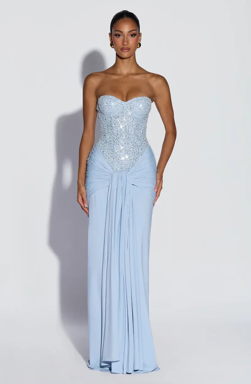 Gabriela | Elegancka sukienka maxi z gorsetem zdobionym koralikami
