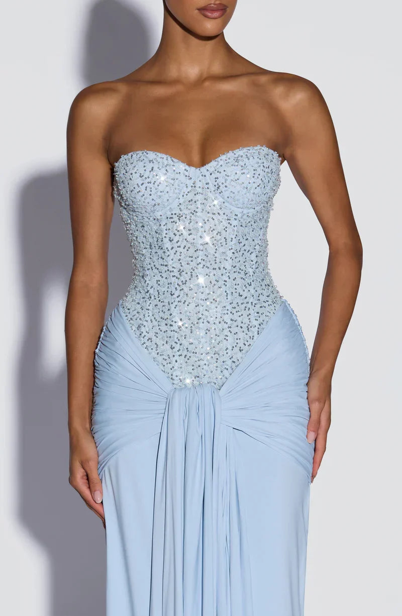 Gabriela | Elegancka sukienka maxi z gorsetem zdobionym koralikami