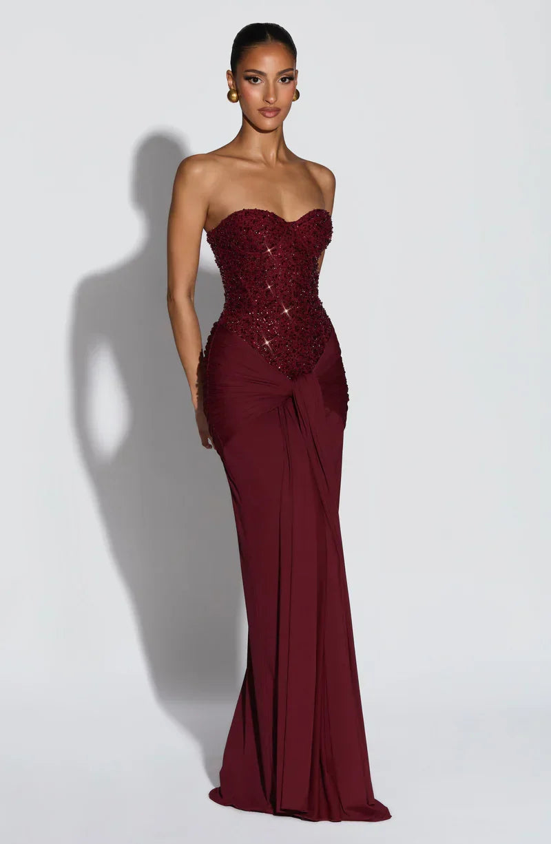 Gabriela | Elegancka sukienka maxi z gorsetem zdobionym koralikami