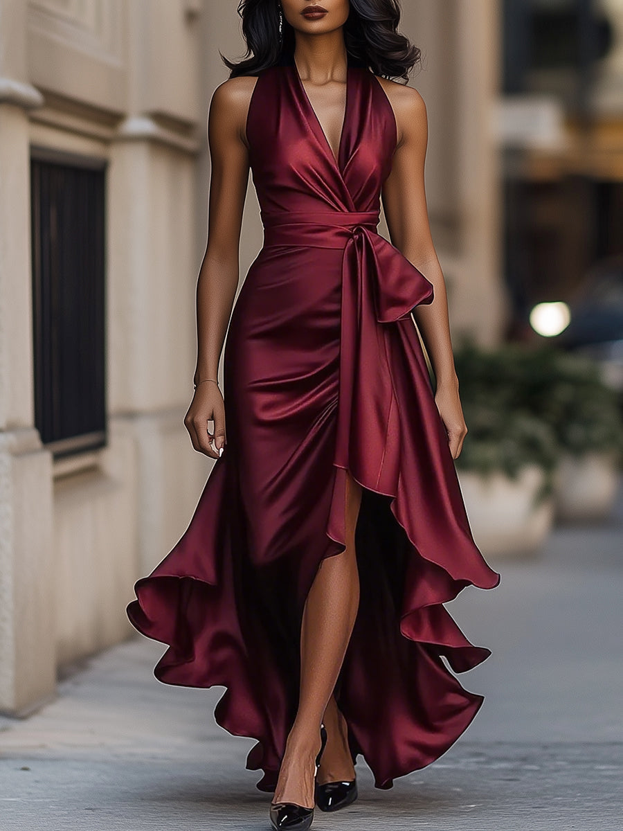 Hanna | Elegancka sukienka maxi kopertowa z asymetrycznym dołem