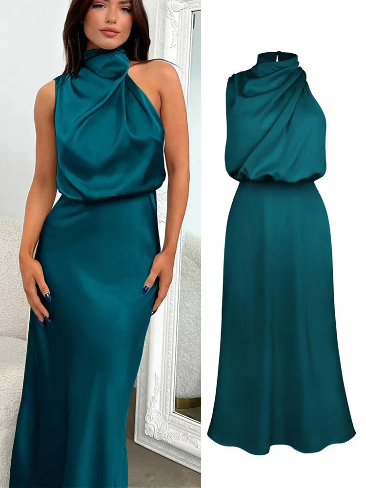 Julia | Elegancka sukienka damska midi z satynowym wykończeniem lekka i stylowa