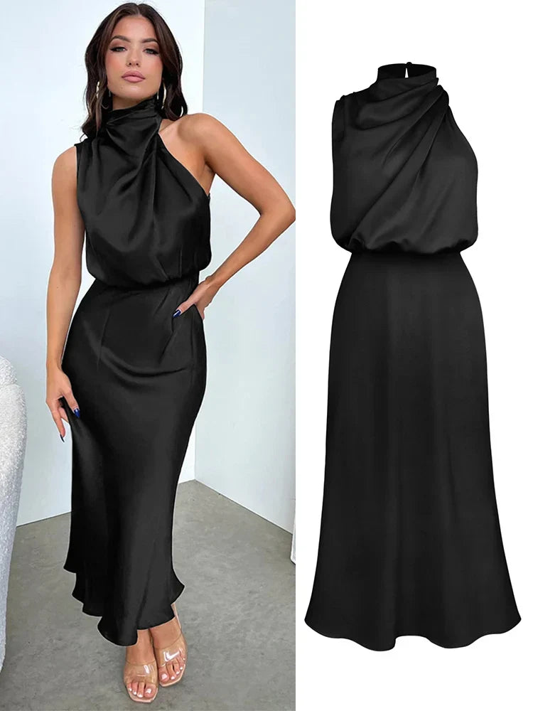 Julia | Elegancka sukienka damska midi z satynowym wykończeniem lekka i stylowa