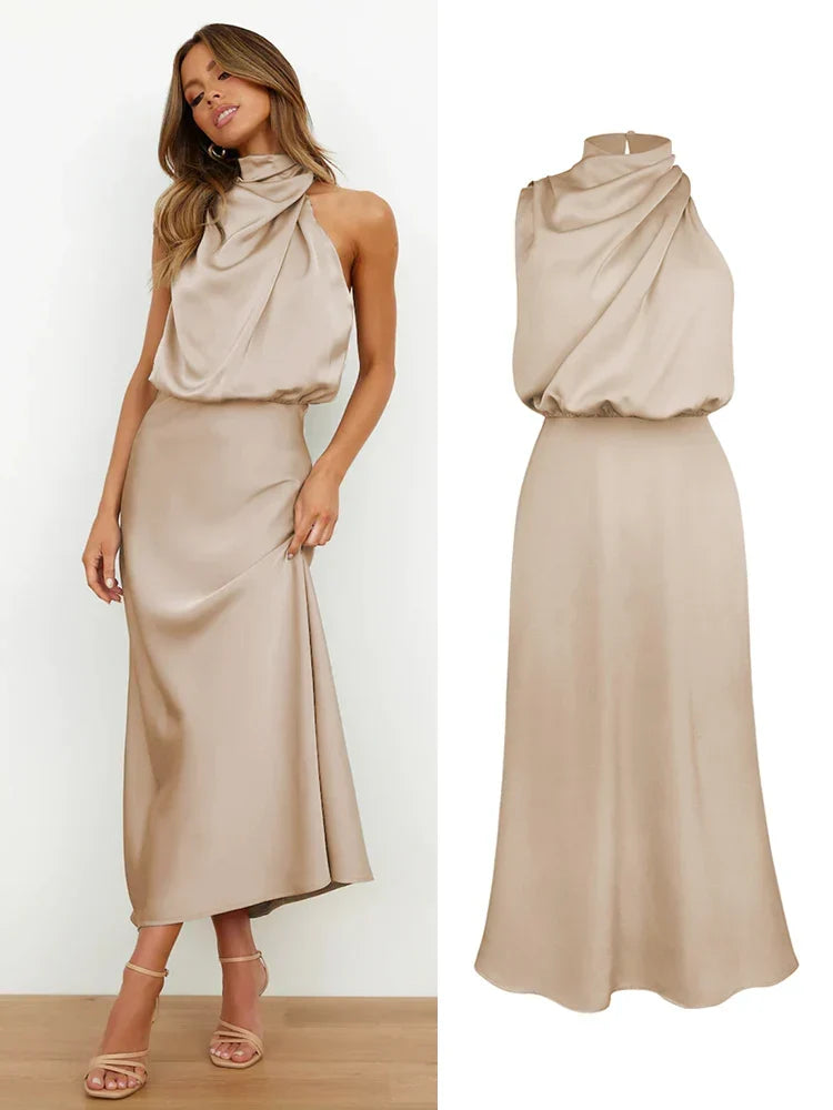 Julia | Elegancka sukienka damska midi z satynowym wykończeniem lekka i stylowa