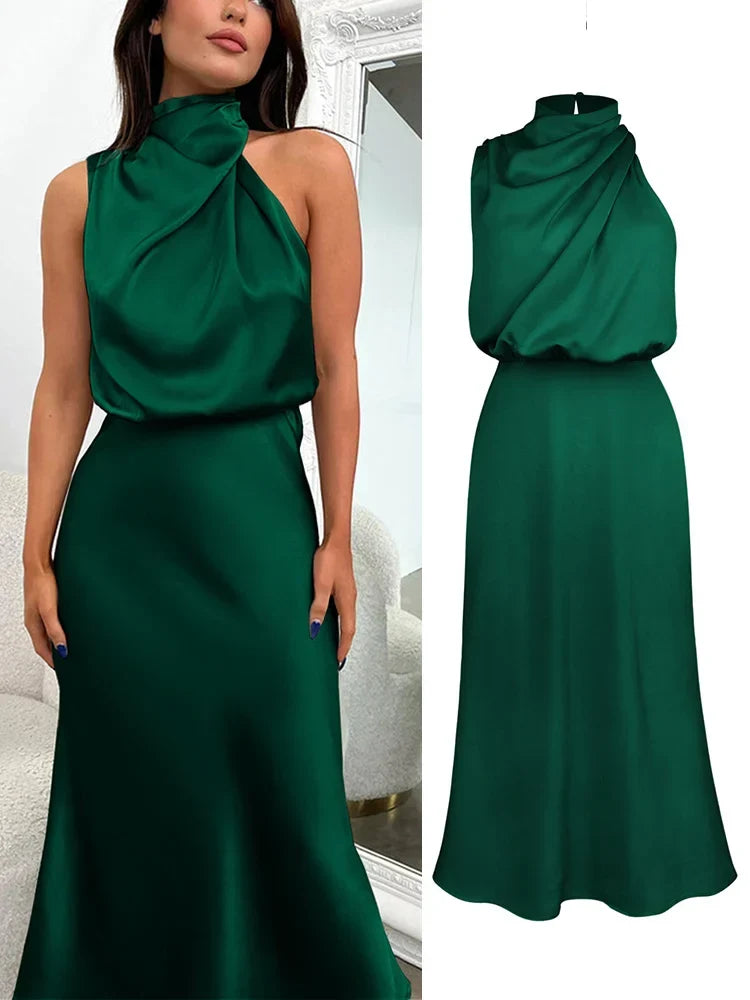 Julia | Elegancka sukienka damska midi z satynowym wykończeniem lekka i stylowa