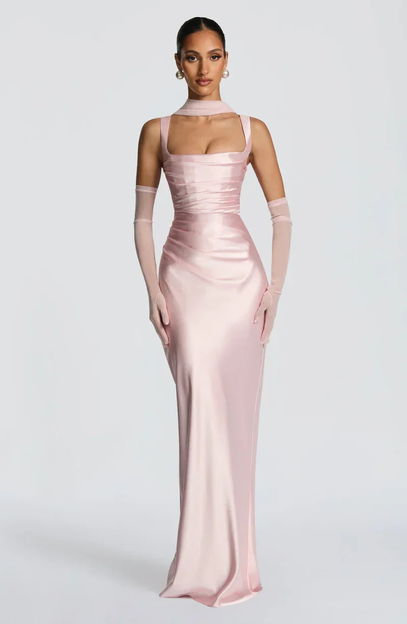 Weronika | Elegancka satynowa suknia maxi z kwadratowym dekoltem