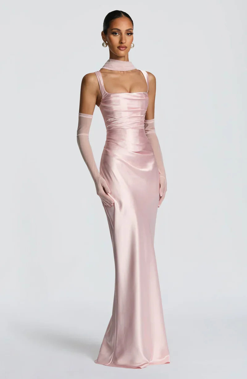 Weronika | Elegancka satynowa suknia maxi z kwadratowym dekoltem