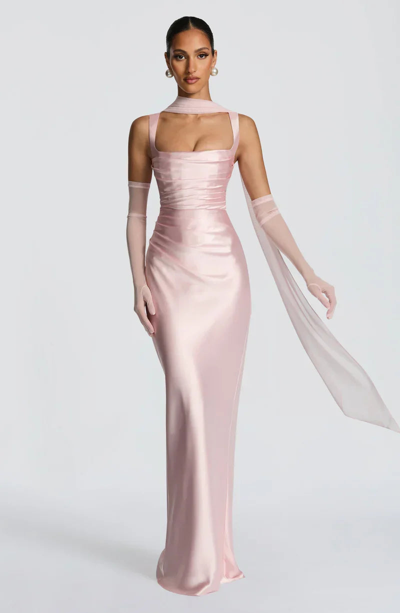 Weronika | Elegancka satynowa suknia maxi z kwadratowym dekoltem